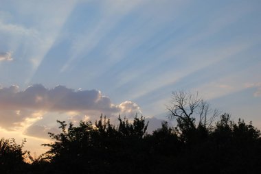 beyaz kabarık bulutların arkasından çıkan güneş ışınları