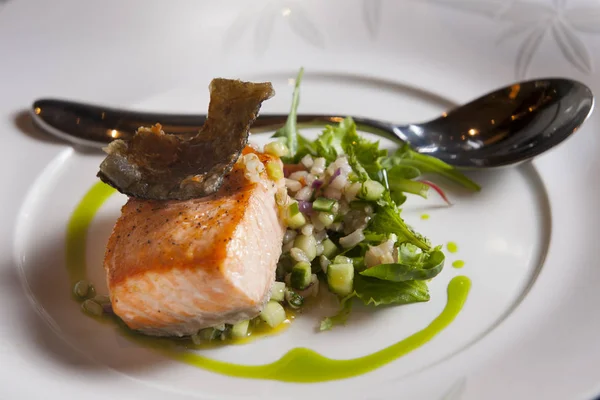 Delicioso Filete Salmón Chamuscado Una Cama Verduras Picadas Ensalada —  Fotos de Stock