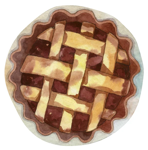 Berry Open Wicker Pie Plate Watercolor Hand Drawn Paper — Stock Photo, Image
