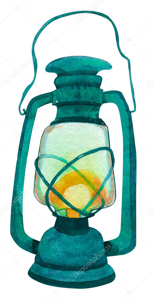 Green kerosene lamp, watercolor, hand-drawn on paper