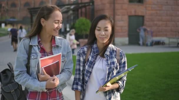 Dvě roztomilé Smíšené rasy dívky jsou chodí a mluví blízko kampusu.