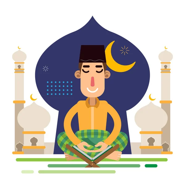 Homem Muçulmano Sholat Orando Alquran Com Fundo Mesquita Celebrando Eid — Vetor de Stock