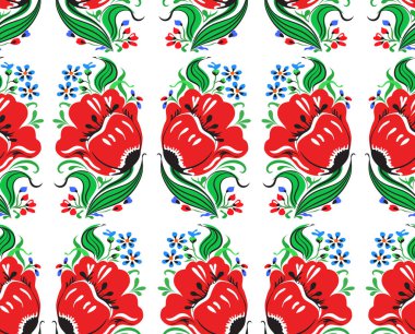 Güzel hayali buket kırmızı ve mavi yeşil yaprakları ile. Vektör çizim Dikişsiz desen beyaz arka plan üzerinde.