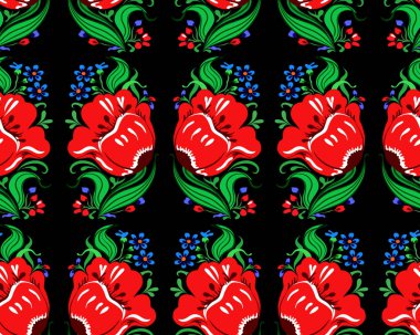 Güzel fantezi buket kırmızı ve mavi yeşil yaprakları ile. Vektör çizim seamless modeli siyah arka plan üzerine. El çizimi.