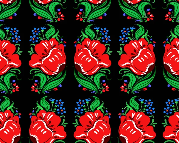 Güzel fantezi buket kırmızı ve mavi yeşil yaprakları ile. Vektör çizim seamless modeli siyah arka plan üzerine. El çizimi.