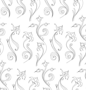 Fantastik hayali çiçek vektör Illustration. El Beyaz arka plan üzerinde siyah bitkiler çekilmiş. Seamless modeli.