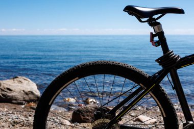 Mountain bike on the beach near a lake, with saddle and rear wheel visible against the water background