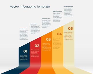 Vector infographic with colorful ribbons in red, orange, and dark blue, forming a growth diagram with text explanation for business development concept
