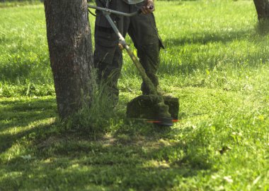 Fırça kesici biçme makinesi veya güç aracı dize çim makası kullanarak adam yeşil biçme yabani ot bu alanın. Düzeltici ile bir çim biçmek için. Trimer bir çim mows. Bir çim bakımı.