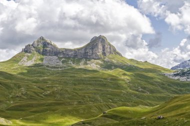 Taze ot ve güzel tepeler güzel manzara Karadağ. Durmitor Milli Parkı Karadağ bölümünde dinar Alplerinin ortasından geçiyordu. Durmitor Park, Unesco Dünya Mirası kullanıma geçiş 1980, park uyku anlamına gelir.