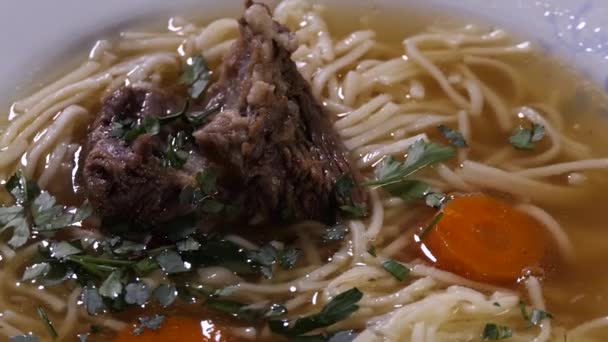 Beef Onions Carrots Cooked Broth Spin Motion — Stock Video
