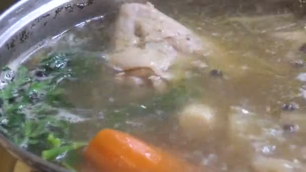 Cooking Broth Close Stirring Boiling Broth — Stock Video