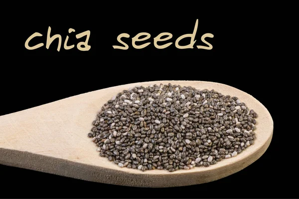Семена Чиа Деревянной Ложке Изолированные Черном — стоковое фото