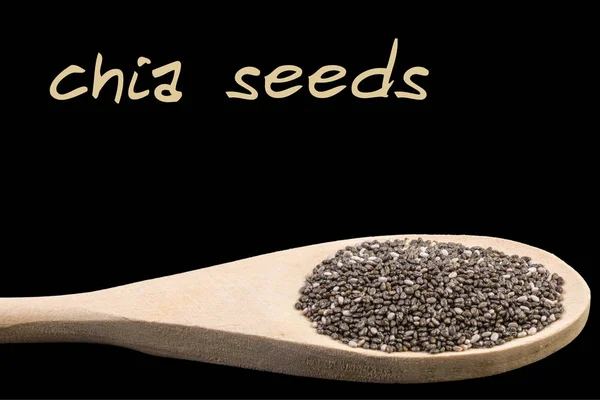 Τους Σπόρους Chia Ξύλινο Κουτάλι Απομονώνονται Μαύρο — Φωτογραφία Αρχείου