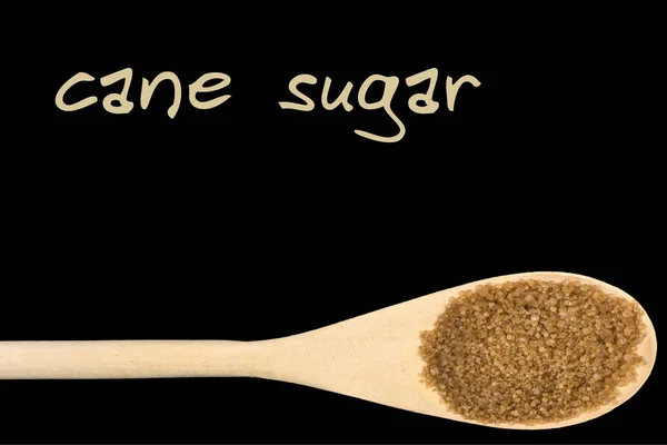 Cane Sugar Wooden Spoon Isolated Black Background — Stock Photo, Image