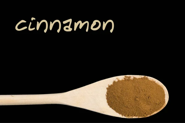 Cinnamon Wooden Spoon Isolated Black Background Latin Name Cinnamomum Verum — Stock Photo, Image