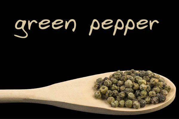 Green Peppercorns Wooden Spoon Isolated Black Background — Stock Photo, Image