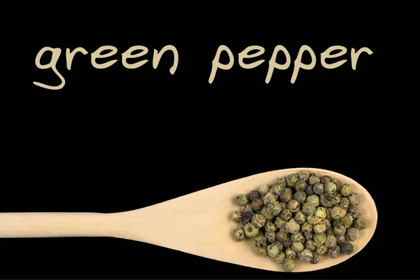 Green Peppercorns Wooden Spoon Isolated Black Background — Stock Photo, Image
