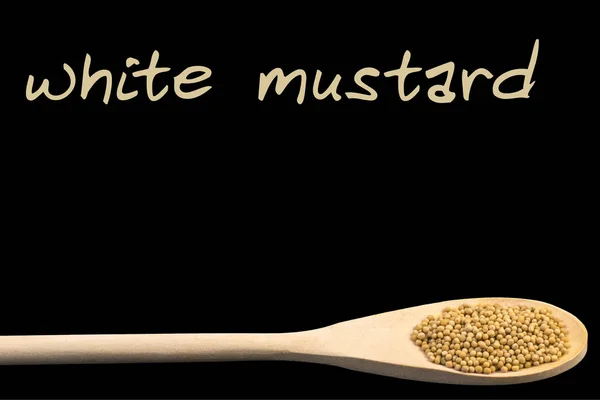 White Mustard Wooden Spoon Isolated Black Background — Stock Photo, Image