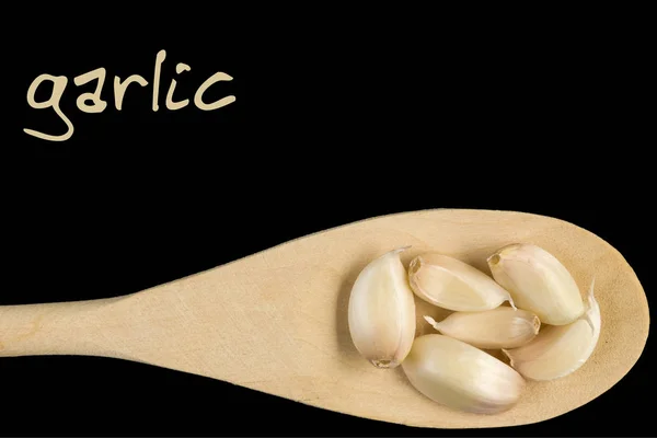 Garlic Clove Wooden Spoon Isolated Black Background — Stock Photo, Image