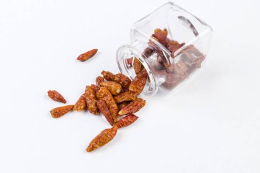 Piri piri biber bir cam kavanoz izole üzerinde beyaz arka plan