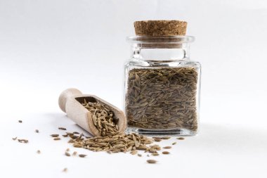 Kimyon ahşap kepçe ve izole üzerinde beyaz zemin üzerine kavanoz. Portre.