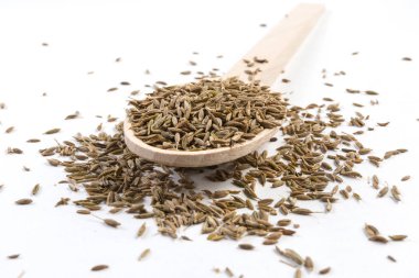 Kimyon tahta kaşık beyaz arka plan üzerinde izole içinde. Portre.