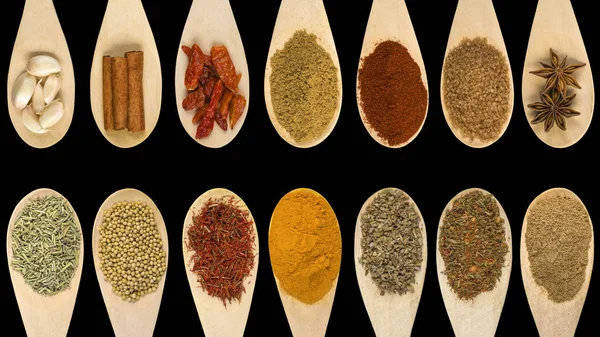 Conjunto Várias Especiarias Ingredientes Alimentares Isolados Sobre Fundo Preto Alta — Fotografia de Stock