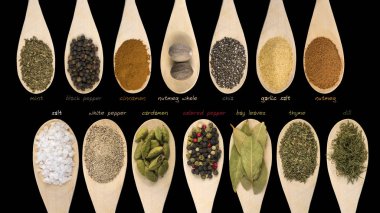 Çeşitli baharat ve gıda maddeleri ile siyah arka plan üzerine izole etiket kümesi. Yüksek çözünürlük