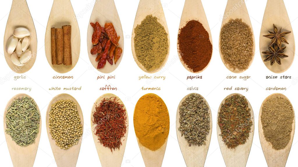 Set of various spices and food ingredients with labels isolated on white background. High resolution