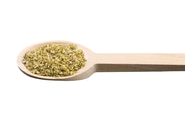 Oregano Kruid Houten Lepel Geïsoleerd Witte Achtergrond — Stockfoto