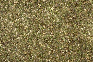 Yeşil lezzetli karışımı veya Chubritsa arka plan. Doğal baharat doku. Doğal baharat ve Gıda katkı maddeleri.