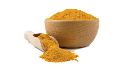 turmeric powder in wooden bowl and scoop isolated on white background. Spices and food ingredients. clipart
