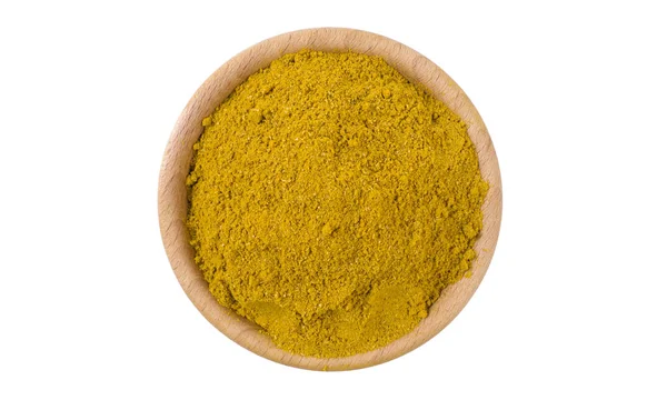 Curry Giallo Ciotola Legno Isolato Fondo Bianco Spezie Ingredienti Alimentari — Foto Stock