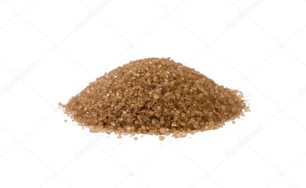 Brown or cane sugar heap isolated on white background. front view