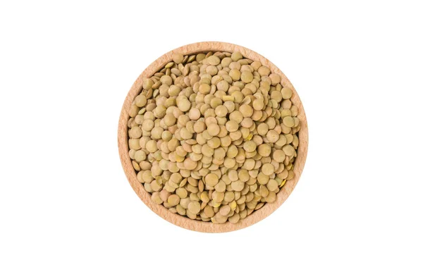 Lentilhas Verdes Tigela Madeira Isolada Sobre Fundo Branco Nutrição Ingrediente — Fotografia de Stock