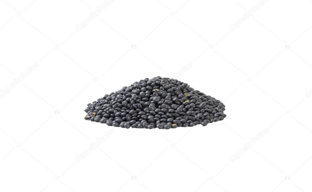 black lentils beluga  heap isolated on white background. nutrition. bio. natural food ingredient.front view.