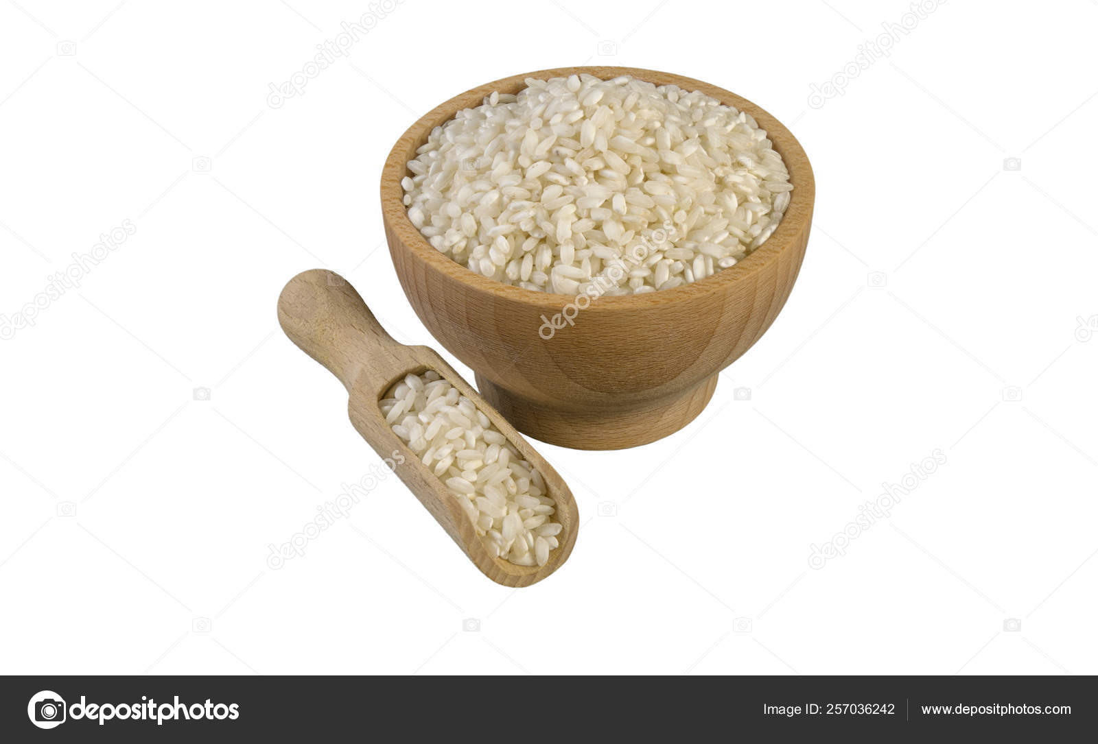 Arborio Risotto Short Grain Rice Wooden Bowl Scoop Isolated White