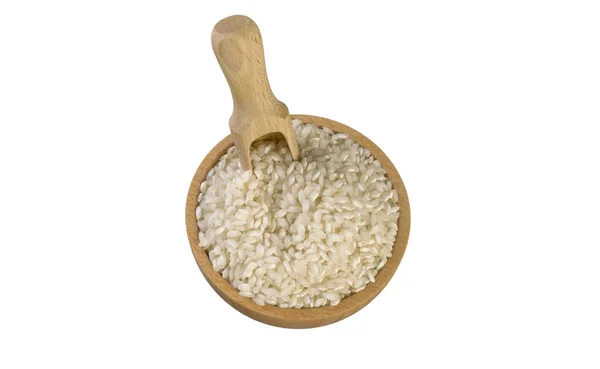 Arborio Risotto Short Grain Rice Wooden Bowl Scoop Isolated White — Stock Photo, Image