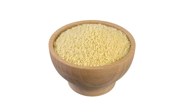 Couscous Ciotola Legno Isolato Fondo Bianco Nutrizione Ingrediente Alimentare — Foto Stock