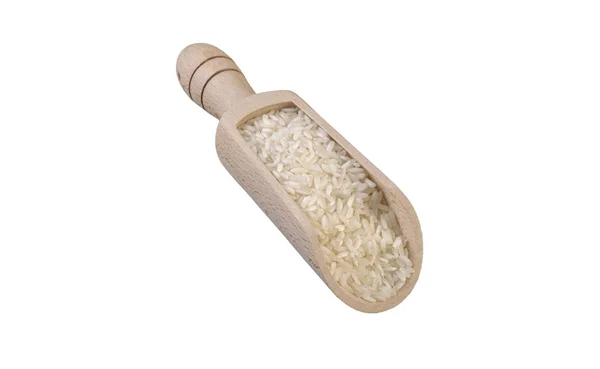 Langkorn Weißen Reis Hölzernen Schaufel Isoliert Auf Weißem Hintergrund Ernährung — Stockfoto