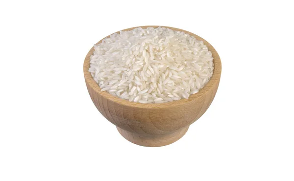 Long Grain White Rice Wooden Bowl Isolated White Background Nutrition — Stock Photo, Image