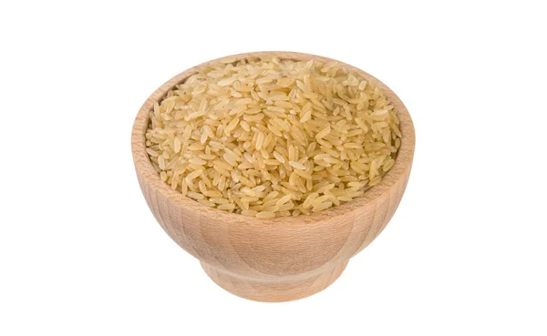 Brown Rice Wooden Bowl Isolated White Background Nutrition Food Ingredient — Stock Photo, Image