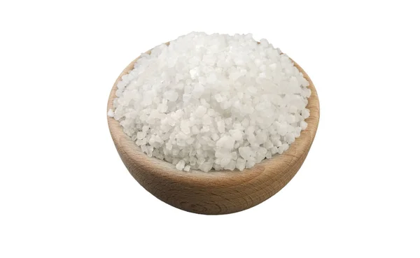 Weiße Salzkristalle Holzschale Isoliert Auf Weißem Hintergrund Grad Ansicht Gewürze — Stockfoto