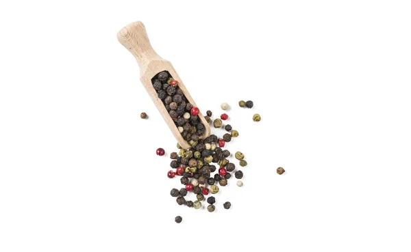 彩色胡椒粉在木勺中分离在白色背景上 顶部视图 香料和食品配料 — 图库照片