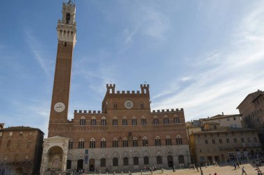 Panorama of Piazza del Campo (Campo Meydanı), Palazzo Publico ve Torre del Mangia (Mangia Kulesi) Siena, Toskana, İtalya