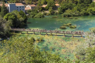 Milli Park Krka, Hırvatistan, 14 Ağustos 2017, insanlar suda yüzen şelale, Nice sıcak yaz günü kapatın.
