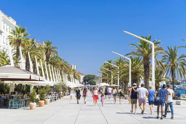 Turistler palmiye ağaçları ve açık mavi gökyüzü ile cadde boyunca yürüyorlar.