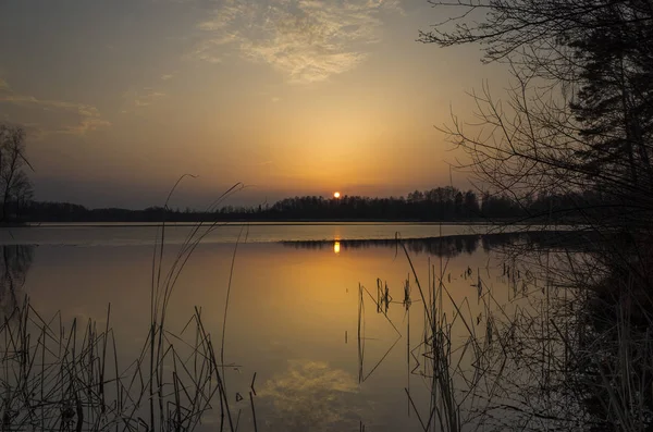 Bahar akşam İsveç İskandinavya Avrupa'nın renkli günbatımı güzel doğa ve manzara fotoğraf. Göl, ağaçlar ve gökyüzü güzel açık havada resim. Sakin, huzurlu arka plan resmi.