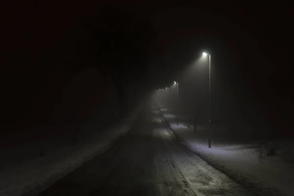 İsveç İskandinavya Avrupa'nın sisli geceler. Sis hava ile karanlık kış akşam güzel, mistik ve soyut fotoğraf. Sakin, huzurlu açık havada resim ışıklar, lambalar ve yol.